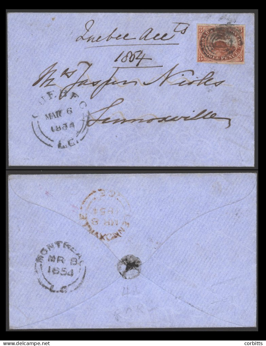 1854 6th March Envelope, Ex Quebec To Lennoxville Bearing A Fine 3d Indian Red (with Re-entry), Tied With Central Target - Autres & Non Classés