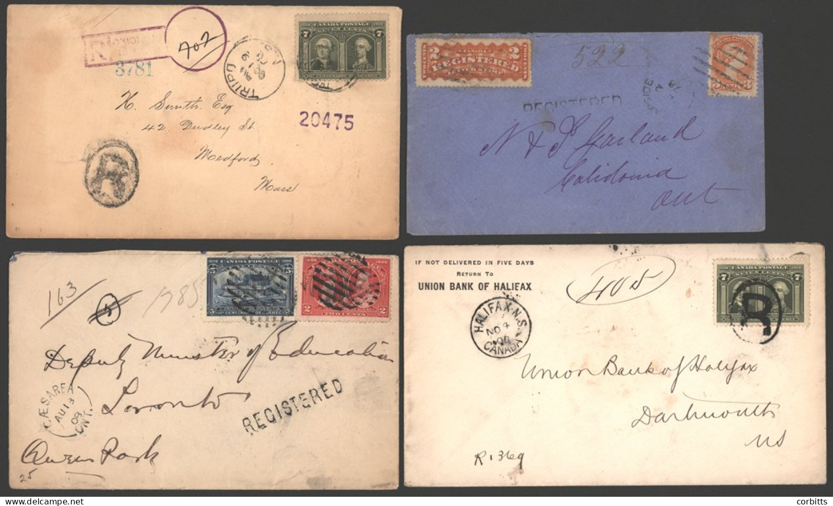 REGISTERED MAIL 1878 Envelope Bearing 2c Registration Stamp & 3c SQ Plus 1908 Trio Of Covers To The USA & Internally Wit - Altri & Non Classificati