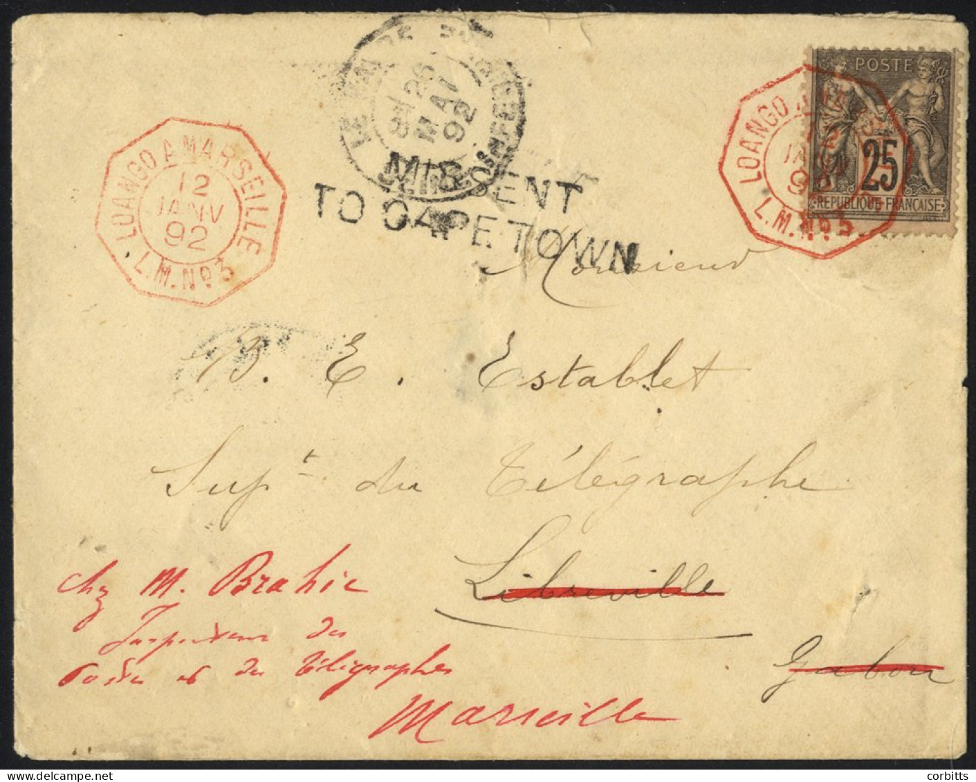 1892 (12 Jan) Envelope To Libreville, Gabon, Bearing France Peace & Commerce 25c, Cancelled With A Fine Strike Of The 'L - Sonstige & Ohne Zuordnung