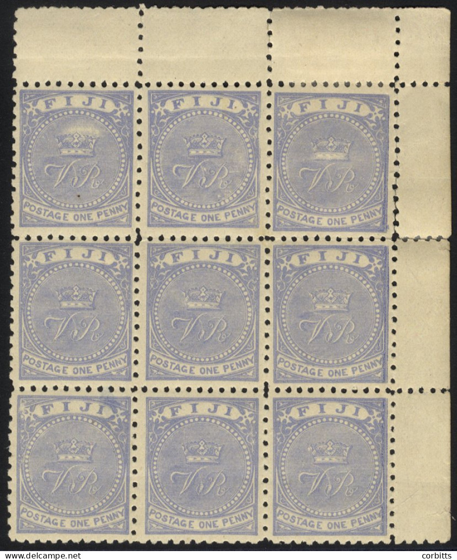 1892-93 P.11 (10), 1d Ultramarine In A Top Right Corner Block Of Nine, M (7x UM), One Stamp Thinned, Some Minor Gum Bend - Altri & Non Classificati