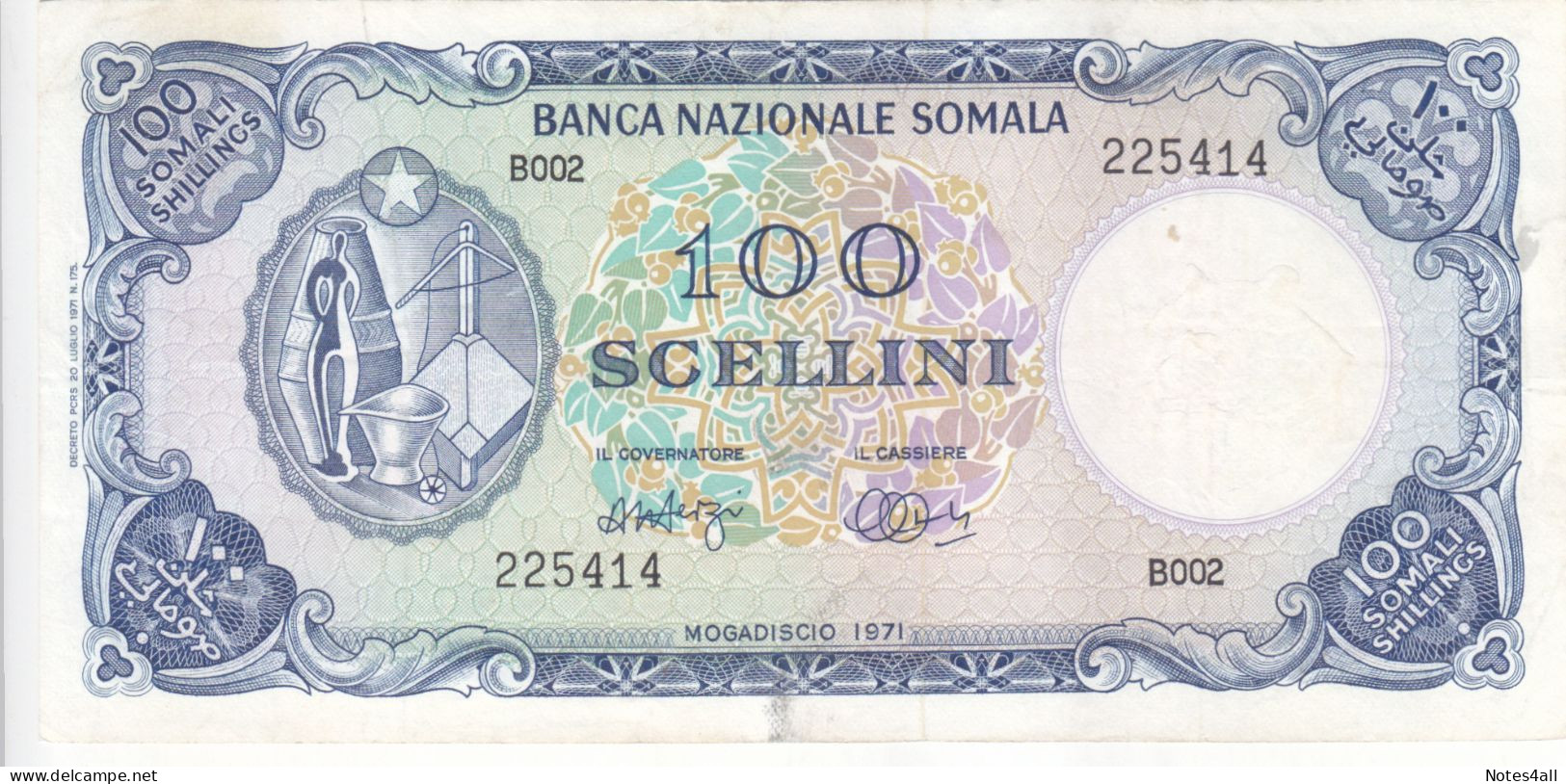 SOMALIA 100 SHILLINGS 1971 P 16a High Crisp EF/XF Series B002 - Somalia