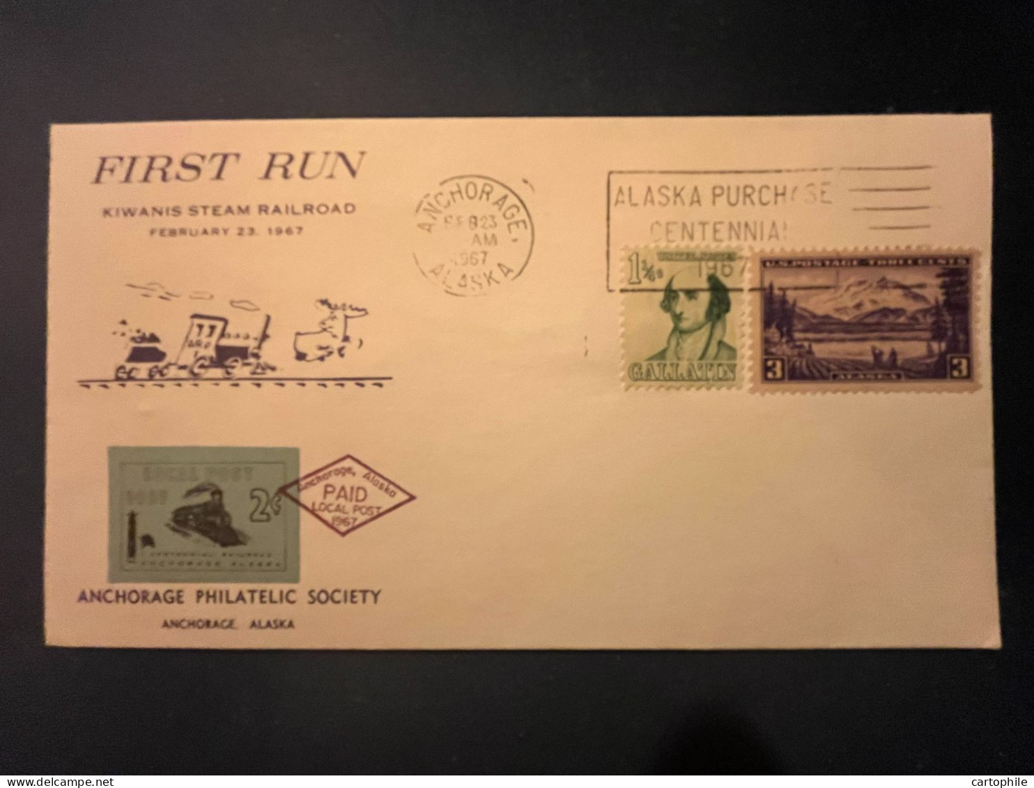 Local Post Anchorage Alaska - First Run Kiwanis Steam Railroad Cover 1967 - Timbre Local 2c Centennial Railroad - Storia Postale