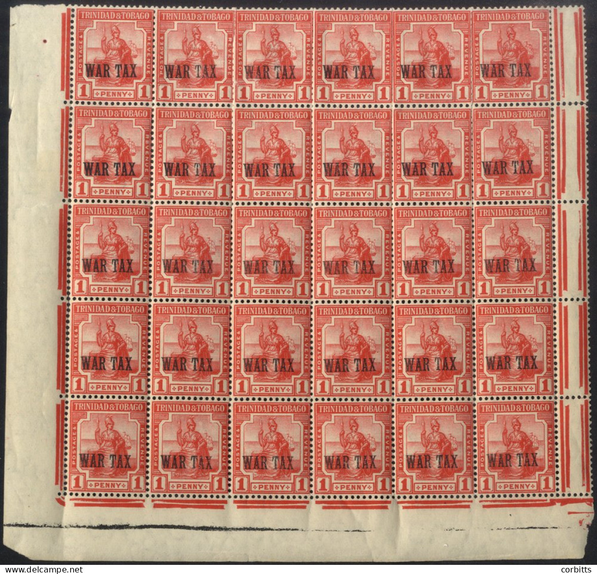 1917 1d Scarlet War Tax In A Horizontal Block Of Thirty, UM Consisting Of The Bottom Five Rows Of The Left Hand Pane. SG - Autres & Non Classés