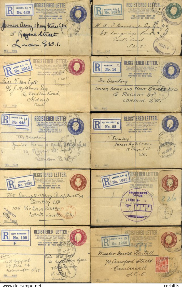 LONDON KGV Post Office Registered Envelopes To Inland Destinations 1912-25 Incl. Some Uprated, Useful Range Of Types, La - Autres & Non Classés