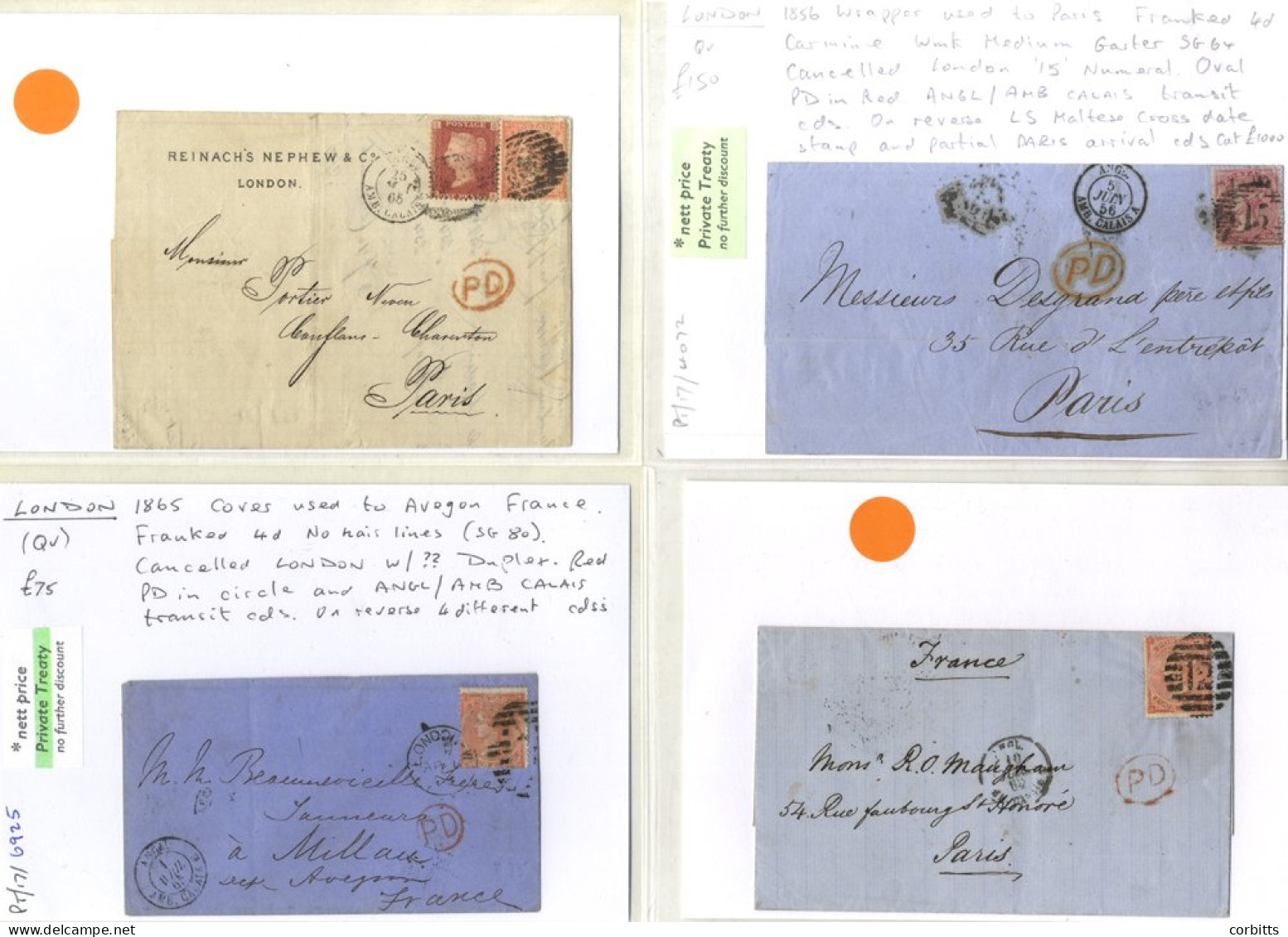 LONDON QV 4d Frankings Group Of Covers, Mainly To France 1856-75 With 4d Stamps Incl. Scarcer 4d Carmine SG.64, 1865 Ite - Other & Unclassified