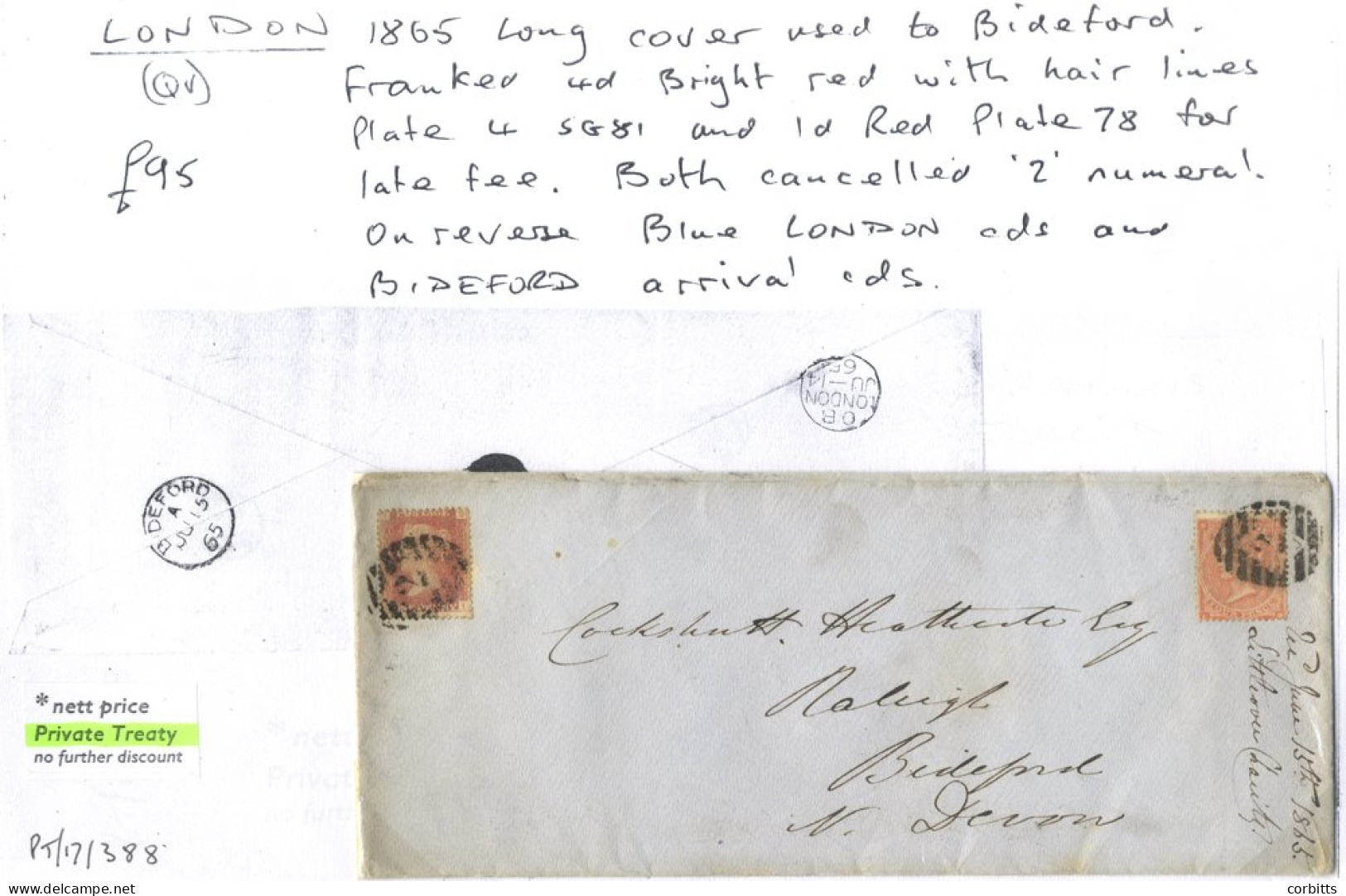 LONDON QV Surface Printed Trio Of Covers Incl. 1865 Long E To Devon With 4d [SG.81] Plus 1d Late Fee, 1862 Reg Cover Wit - Other & Unclassified