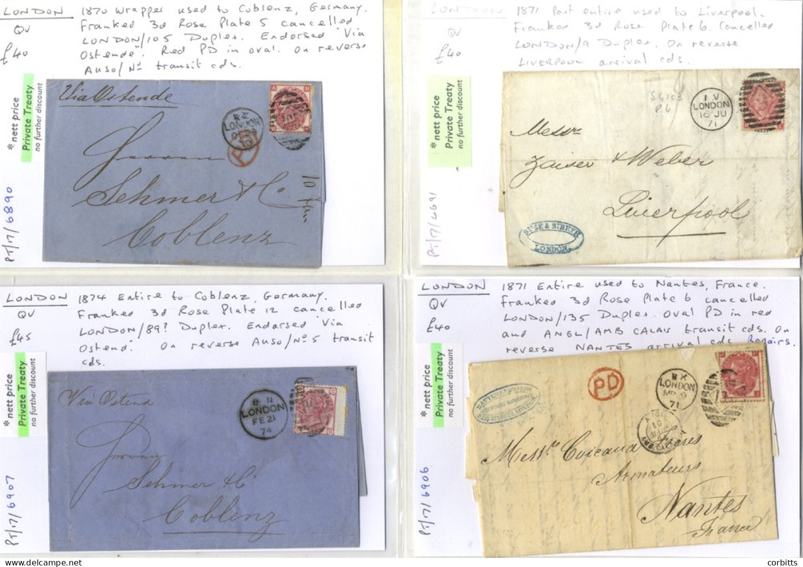 LONDON QV 3d Rose 1870-74 Covers Mainly To Europe With Various 3d Rose Frankings Ex London Incl. Uncommon 3d Rate To Liv - Autres & Non Classés