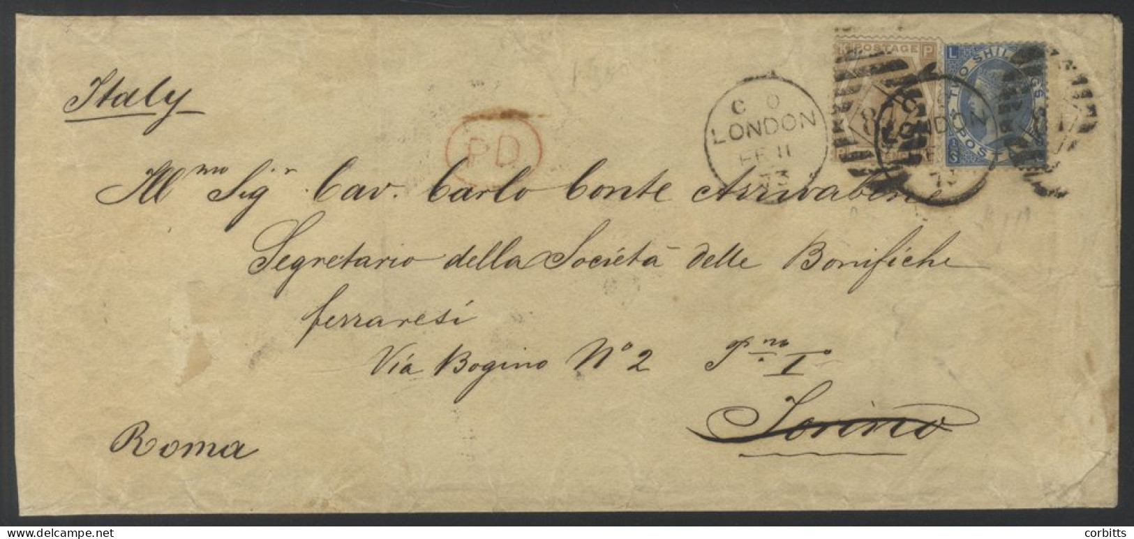 ITALY 1873 Cover From London To Torino, Franked 6d Chestnut Pl.11 Plus 2s Blue, Both Tied By London Duplex For Feb.11.73 - Other & Unclassified