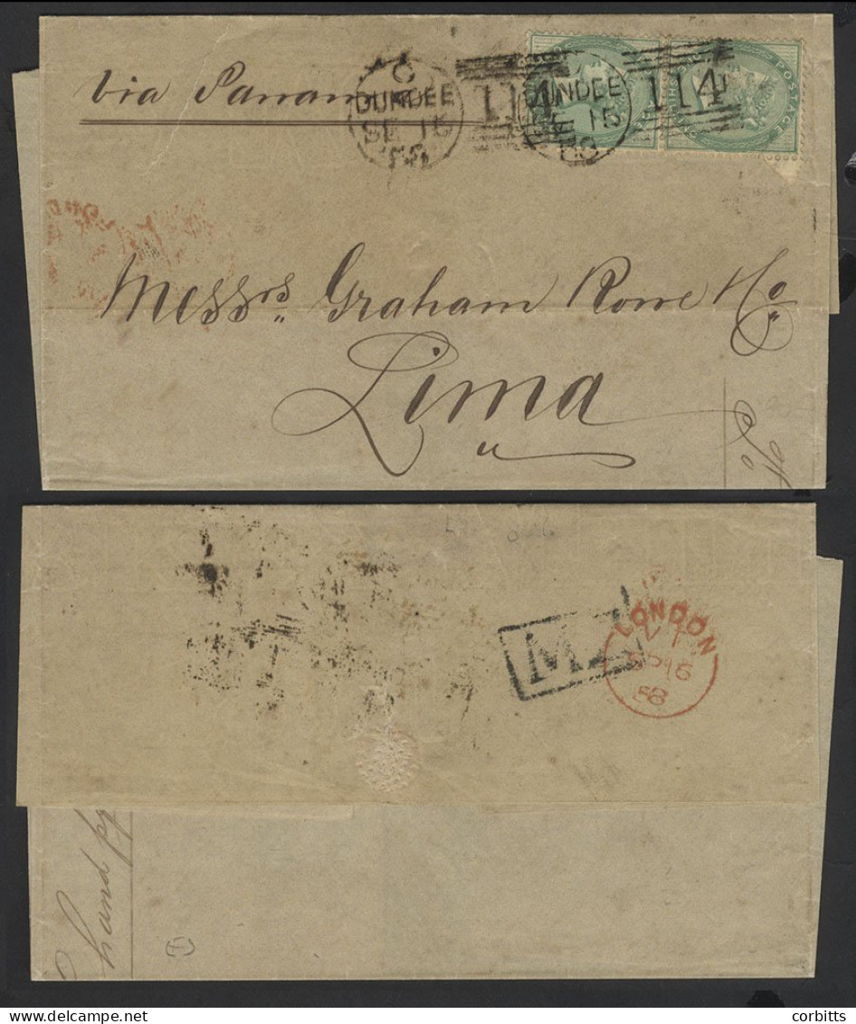 PERU 1858 Cover From Dundee To Lima, Franked Pair 1s Green (SG.72), Tied Dundee Duplexes, Reverse London Transit & Boxed - Otros & Sin Clasificación