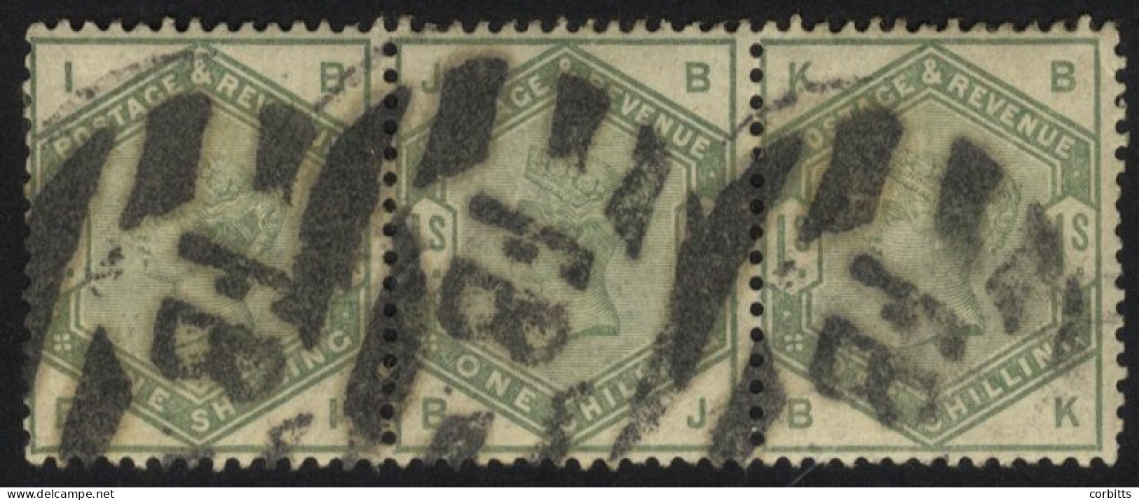 1883-84 1s Dull Green Horizontal Strip Of Three, Used With Heavy 'FB' Obliterators, Centred To Left, A Few Tones, Good C - Sonstige & Ohne Zuordnung