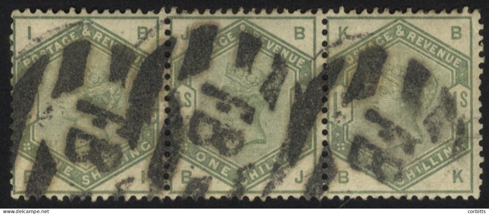 1883-84 1s Dull Green Horizontal Strip Of Three, Used With Heavy 'FB' Obliterators, Centred To Left, A Few Tones, Good C - Autres & Non Classés