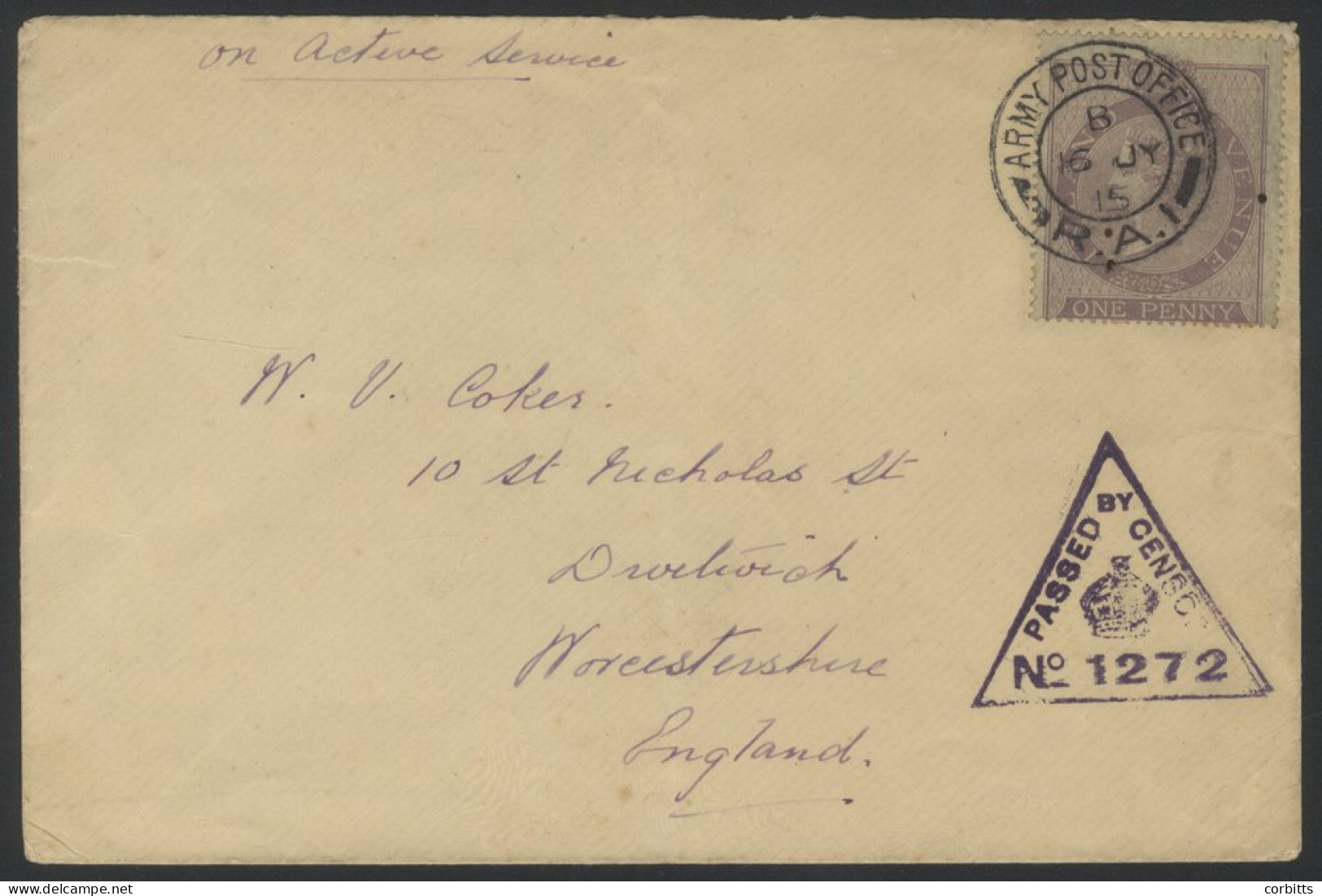 1915 Inland Revenue 1d Reddish Lilac Postal Fiscal On A Cover Cancelled By An Army Post Office R.A.I 16.Jy.15 Double Rin - Other & Unclassified