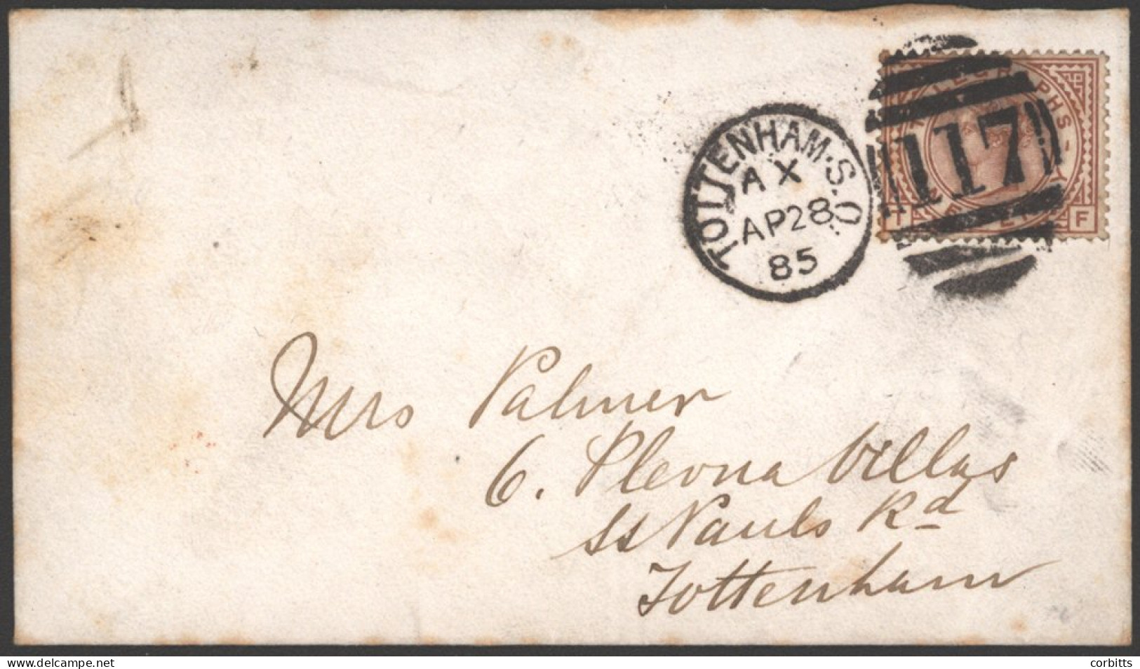 1876 1d Red Brown Pl.1 TF Telegraphs Used On A Small Envelope Sent Locally In Tottenham, Tied By An Ap.28.85 Duplex. Sca - Autres & Non Classés