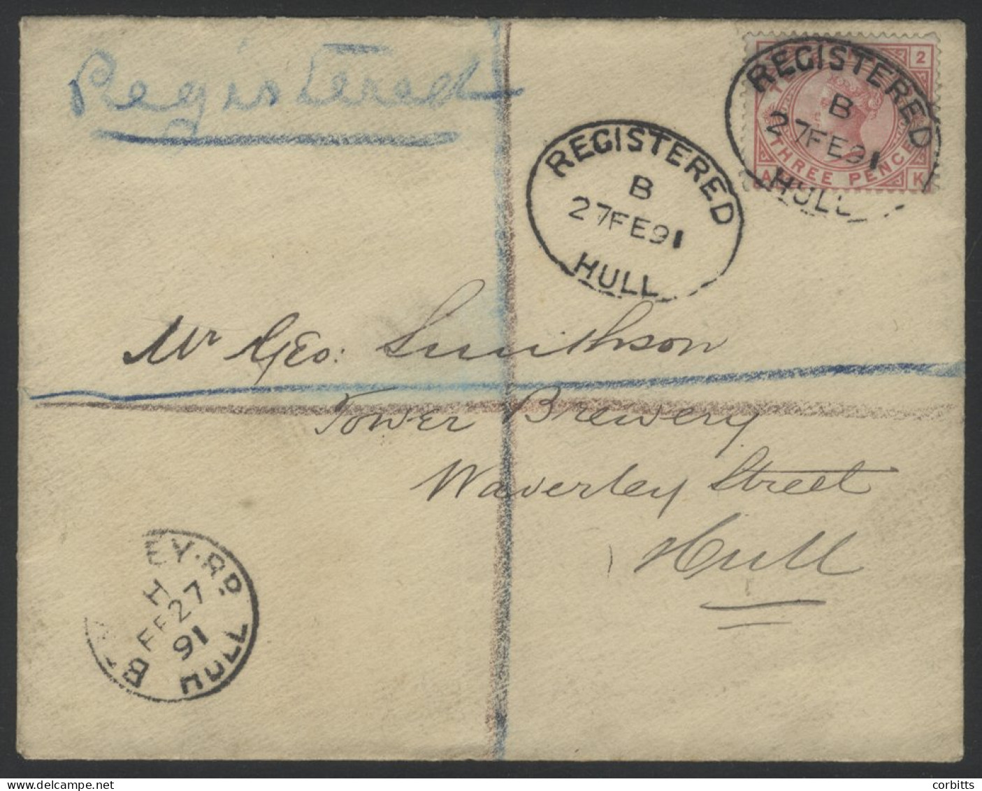 1891 Reg Cover Used Locally In Hull, Franked 3d Carmine Telegraph Stamp (Spec L206) Paying Postage, Tied By Fine Registe - Autres & Non Classés