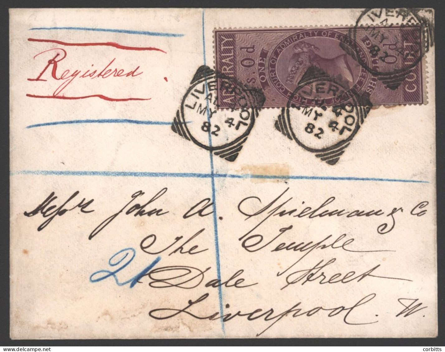 1882 Reg Cover Used Locally In Liverpool Franked By Admiralty Court 1s Revenue Adhesive Well Tied By Liverpool Squared C - Other & Unclassified