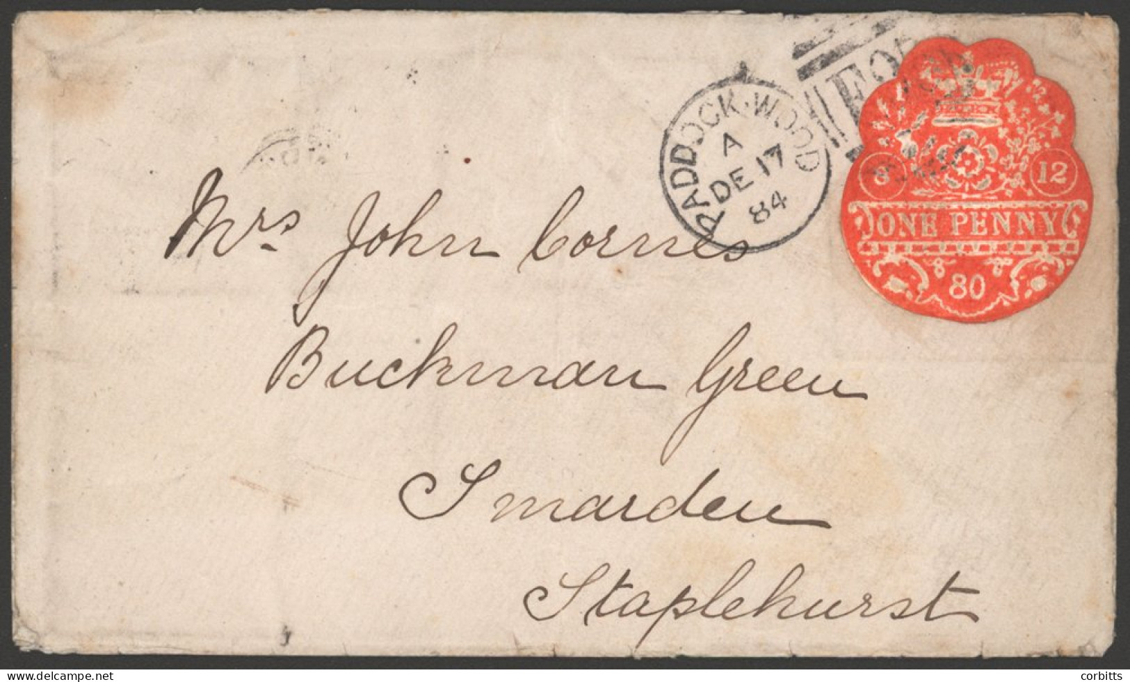 1884 Cover To Staplehurst Franked By 1d Orange General Duty Embossed Revenue Skillfully Back Mounting To The Envelope Wi - Autres & Non Classés