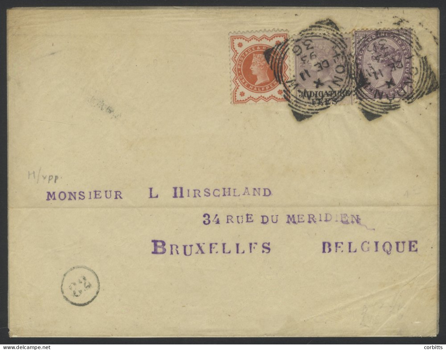 1893 Cover From London To Brussels Franked QV Judicature 1d Lilac Revenue Stamp + ½d Vermilion & 1d Lilac Postage Stamps - Sonstige & Ohne Zuordnung