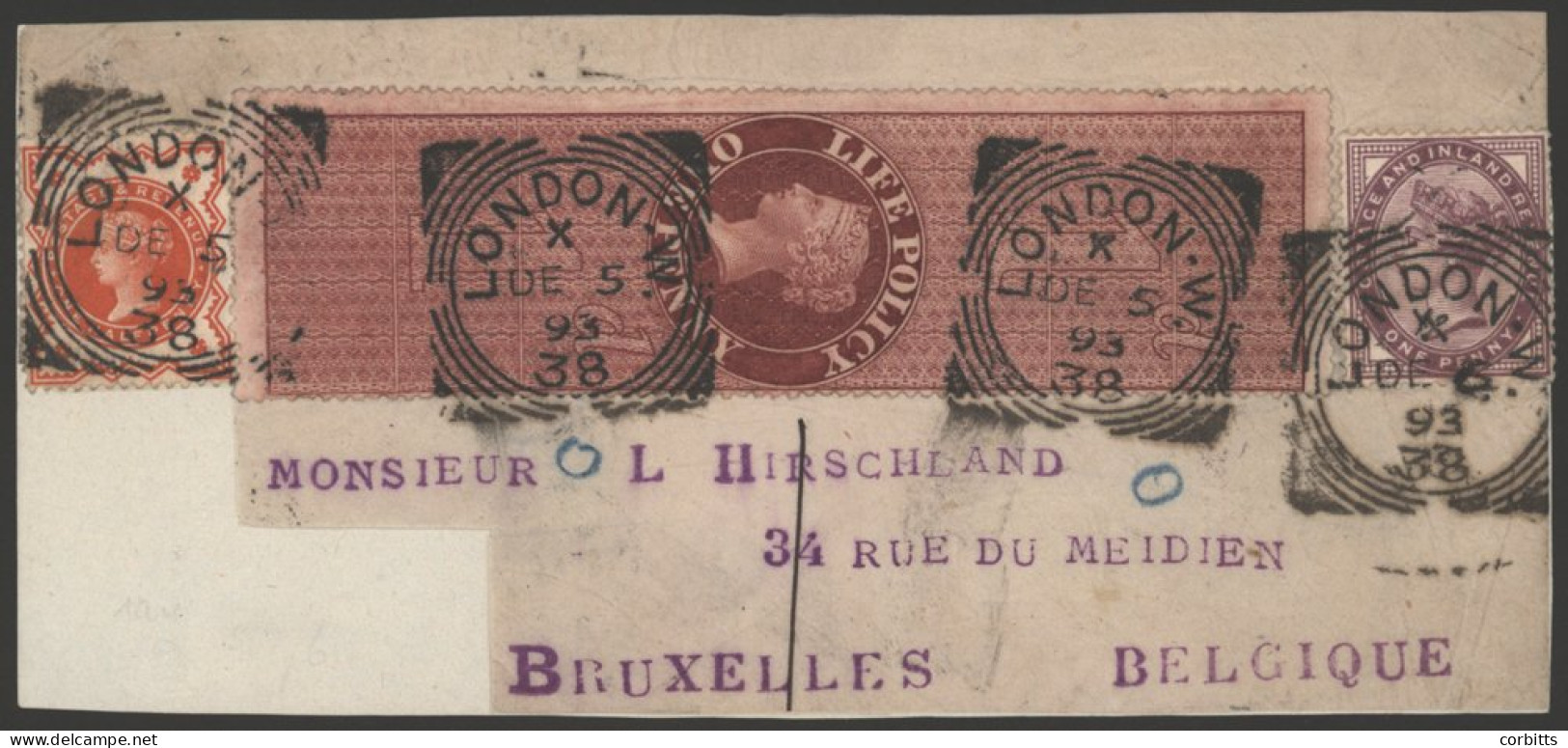 1893 Part Cover Front Franked By ½d Vermilion And 1d Lilac Together With A Life Policy 1d Revenue Stamp Each Cancelled & - Autres & Non Classés