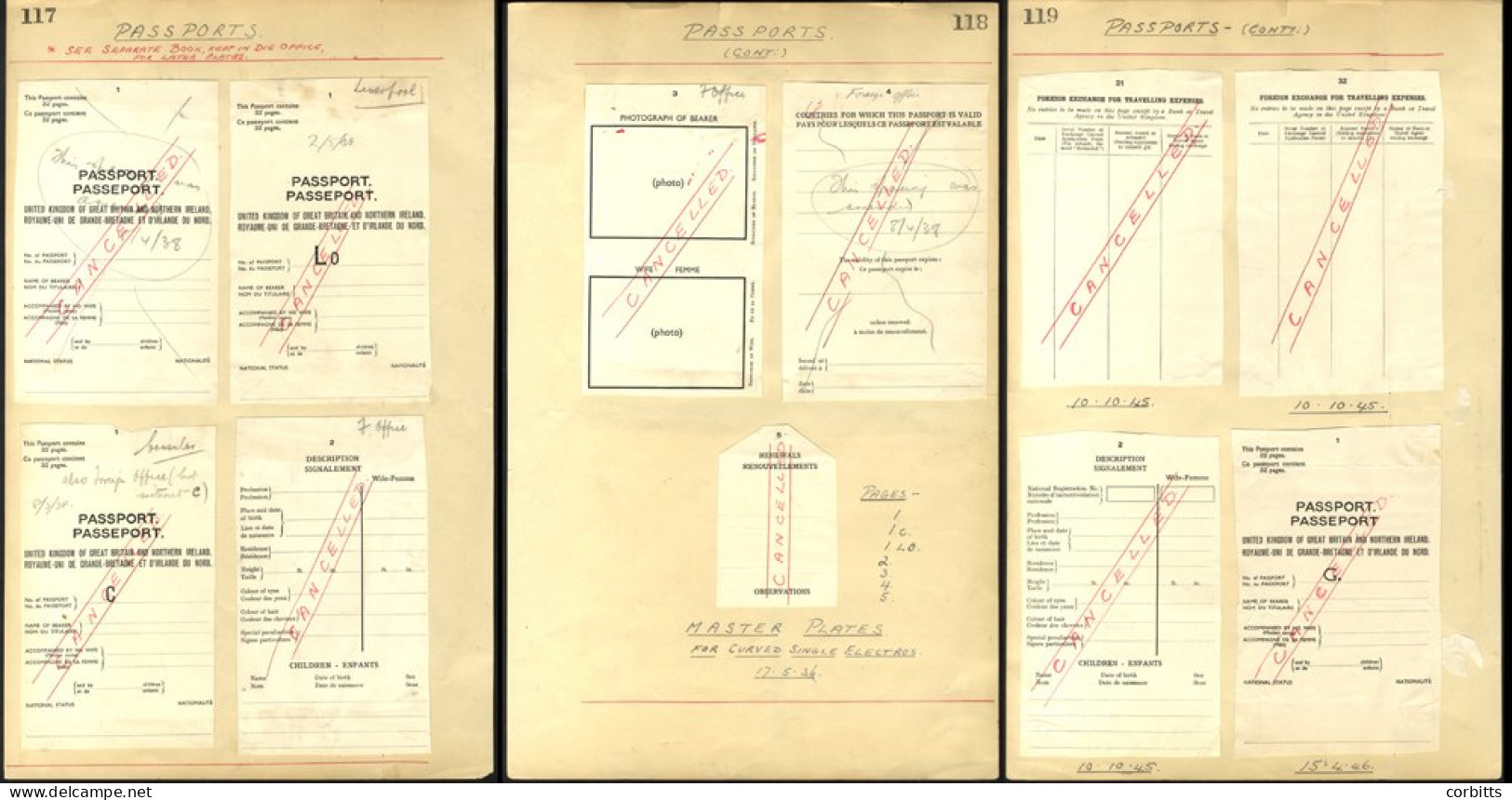 1938-46 Royal Mint Die Proofs Of Passport Pages, All Are Optd 'CANCELLED' In Red On Pages Numbered 117 & 118 On Both Sid - Autres & Non Classés