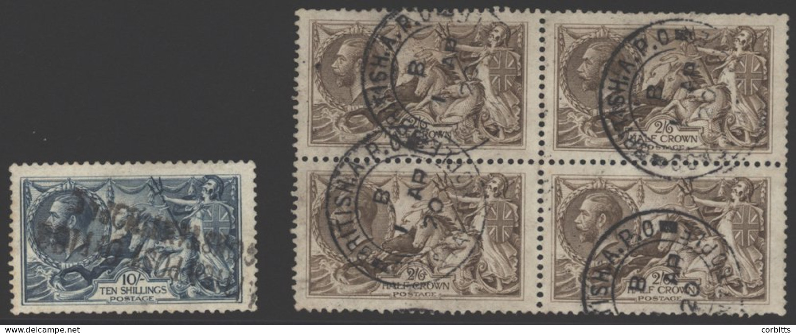 BRITISH LEVANT 1918 Bradbury 10s Seahorse, Cancelled Scarce Two-line BPO/CONSTANTINOPLE H/stamp, Also 2/6d Block Of Four - Other & Unclassified