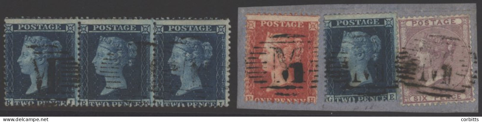 MALTA 'M' CANCELLATIONS 1857 LC14 2d Pl.6 RJ-RL Strip Of Three, Also A Piece Bearing LC14 1d PH, 2d Pl.6 GE And 1857 6d, - Sonstige & Ohne Zuordnung