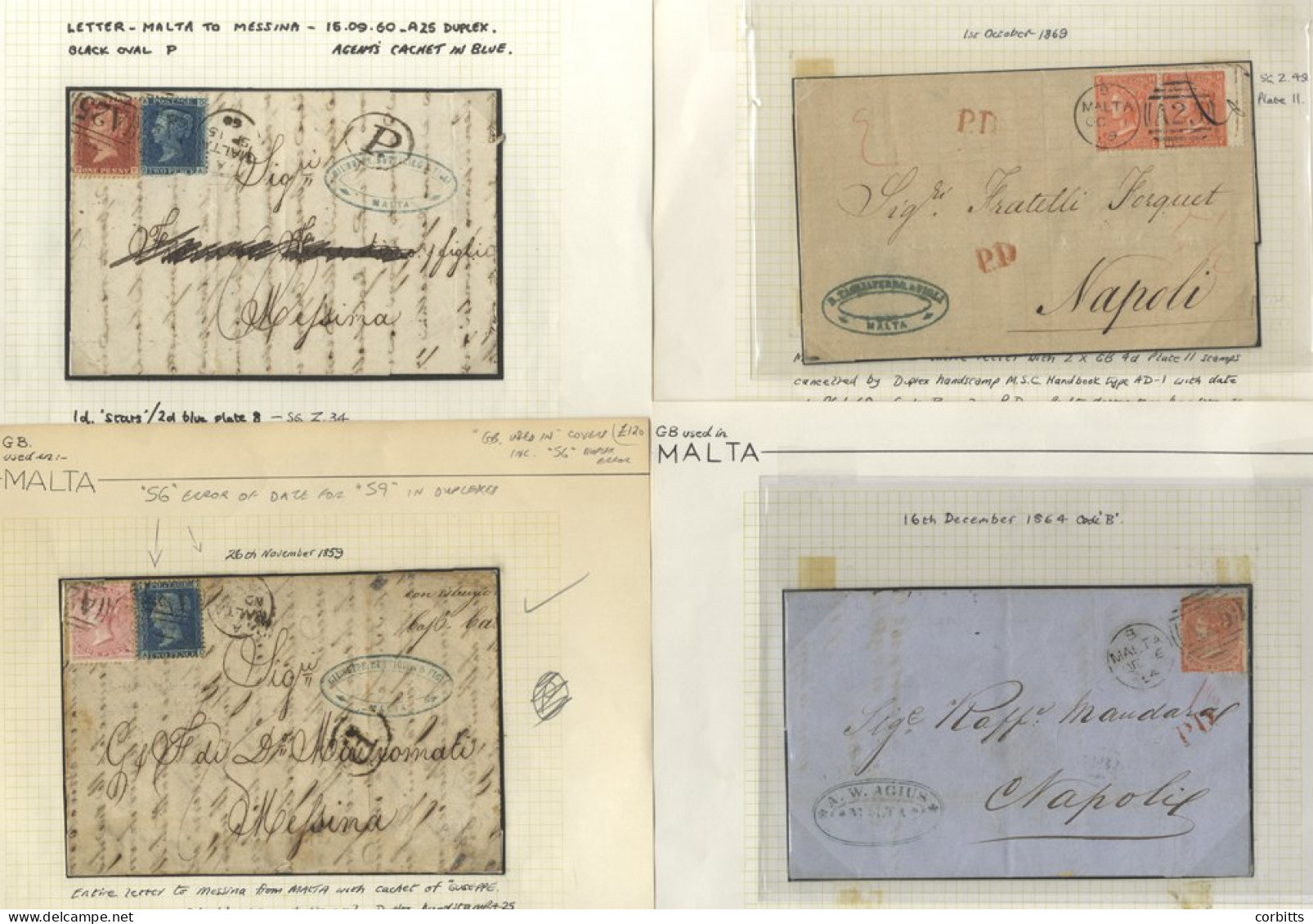 MALTA 1859 Envelope With Error Of Date 1856, Used From Malta To Messina, Franked With 1857 4d & 2d Pl.7, 1860 Envelope F - Autres & Non Classés