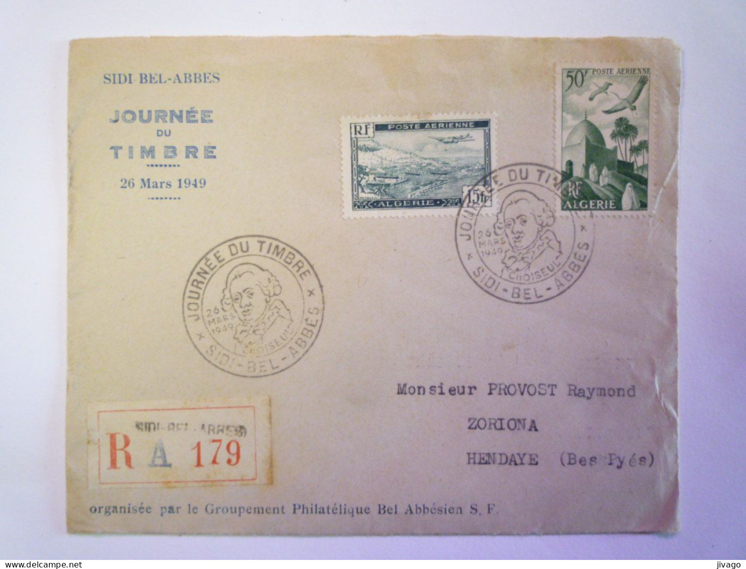 2024 - 613  SIDI-BEL-ABBES  -  JOURNEE Du TIMBRE  1949  LETTRE RECOMMANDEE    XXX - Poste Aérienne