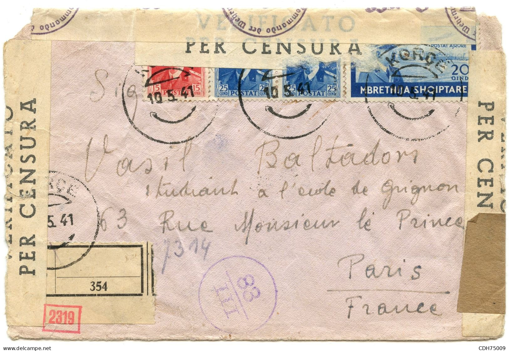 ITALIE - LETTRE RECOMMANDEE CENSUREE DE KORCE POUR PARIS, 1941 - Albanië