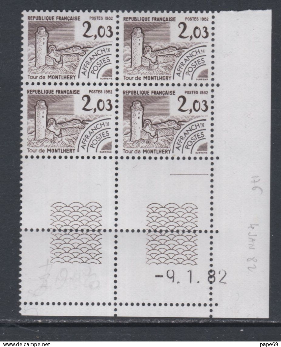 France Préoblitéré N° 176 XX Monuments Historiques : 2 F. 03 En Bloc De 4 Coin Daté Du 9 . 1 . 82 ; 1 Trait Ss Ch. TB - Precancels