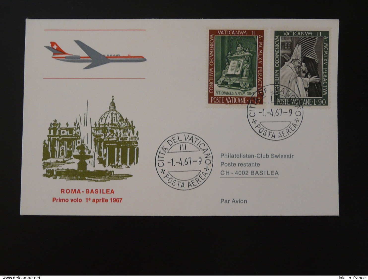Lettre Premier Vol First Fligt Cover Roma Basel Swissair Vatican 1967 - Cartas & Documentos