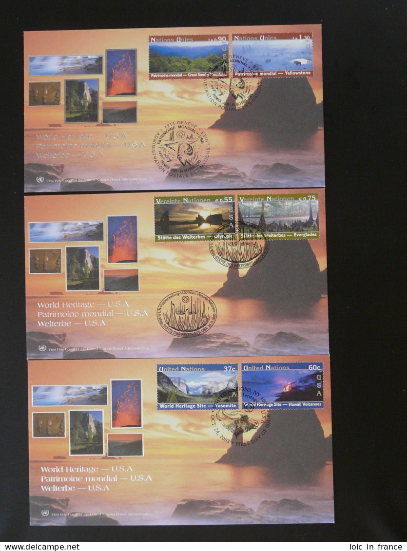 FDC (x3) Patrimoine Mondial Aux USA World Heritage In United States Nations Unies UNO 2003 - New York/Geneva/Vienna Joint Issues