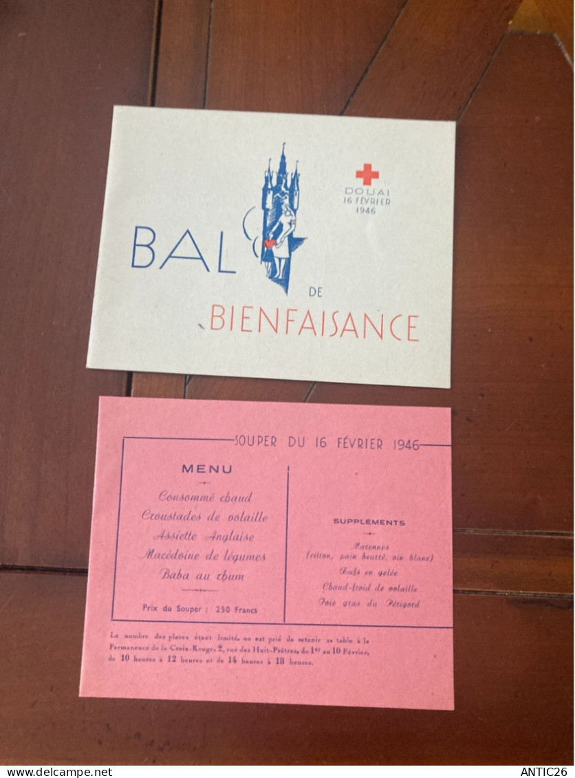 DOUAI BAL DE BIENFAISANCE + Menu 16 Fevrier 1946 CROIX-ROUGE FRANCAISE - Sonstige & Ohne Zuordnung