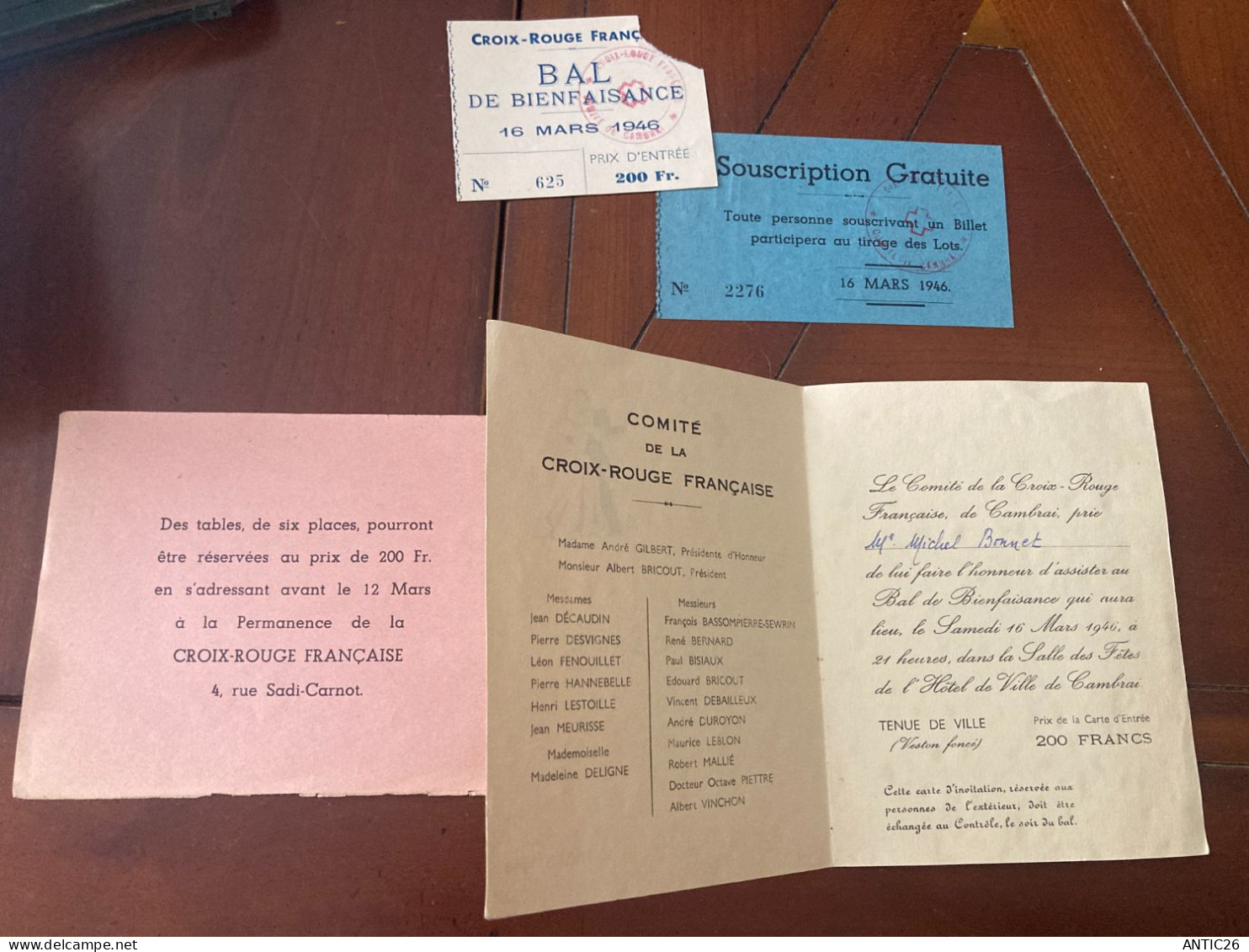 CAMBRAI BAL DE BIENFAISANCE +billet  D'ENTREE  16 MARS  1946 CROIX-ROUGE FRANCAISE - Andere & Zonder Classificatie