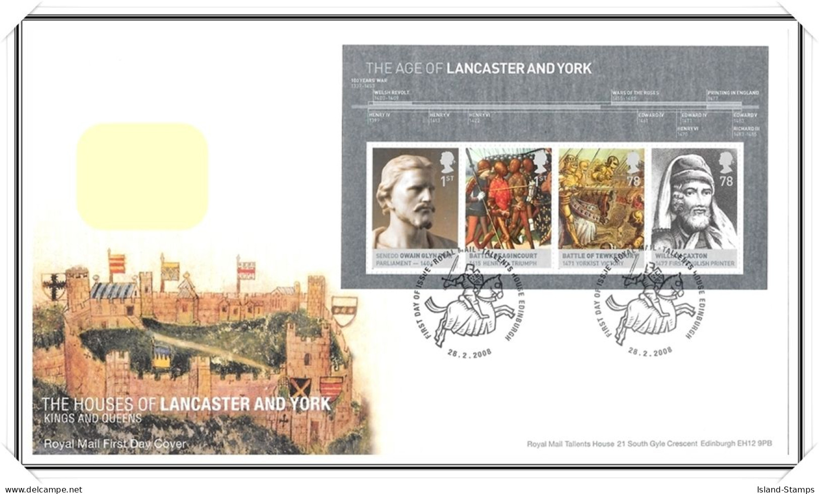 2008 GB FDC - Houses Of Lancaster & York Mini Sheet - Typed Address - 2001-2010 Decimal Issues