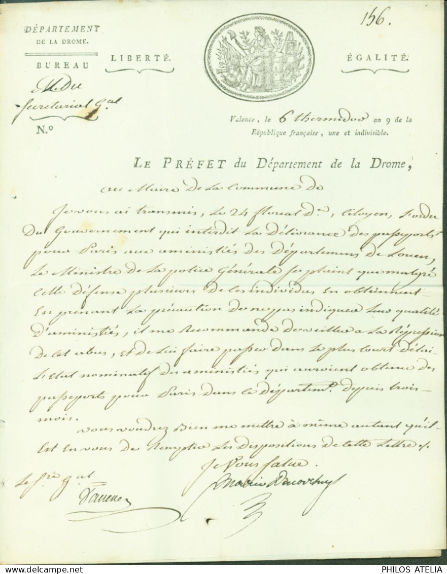 LAS Lettre Autographe Signature Révolution Préfet Drôme Marie Louis Henry Descorches Marquis Sainte Croix An 9 - Político Y Militar