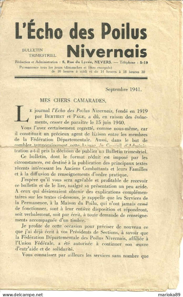 MILITARIA / L'ECHO DES POILUS NIVERNAIS / SEPTEMBRE 1941 - Frans