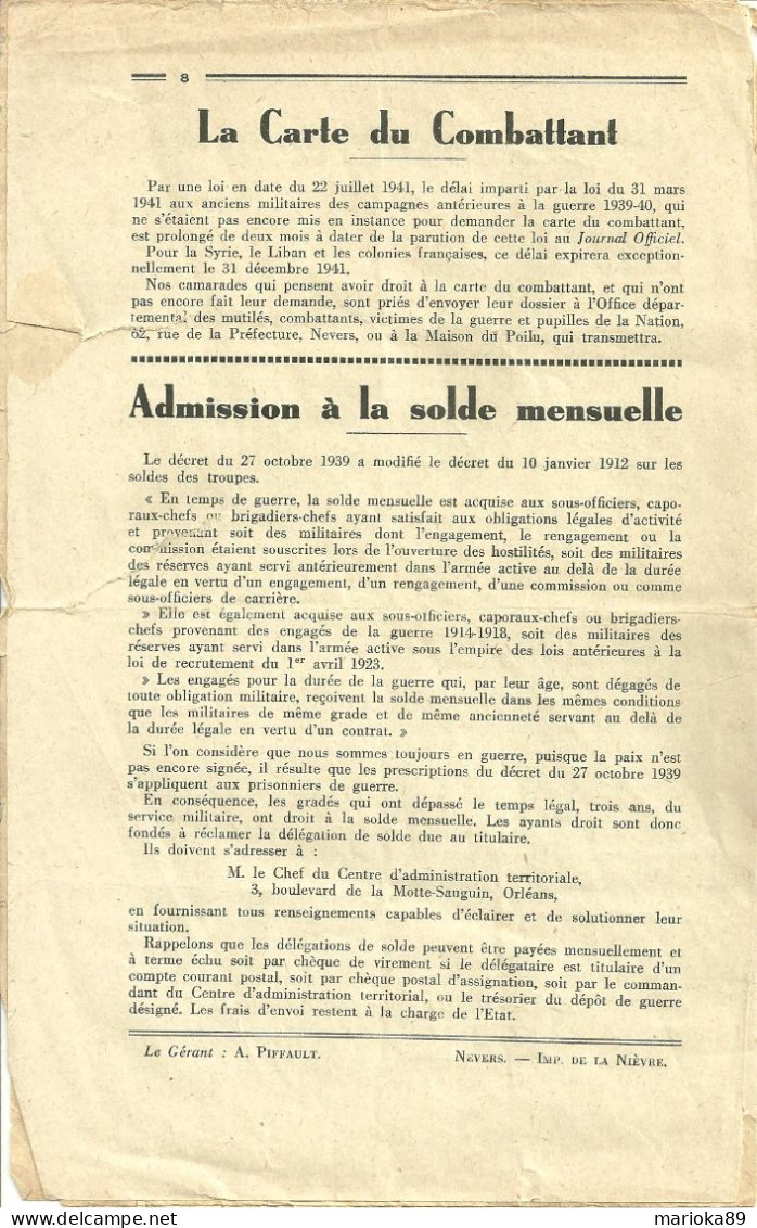 MILITARIA / L'ECHO DES POILUS NIVERNAIS / SEPTEMBRE 1941 - Französisch