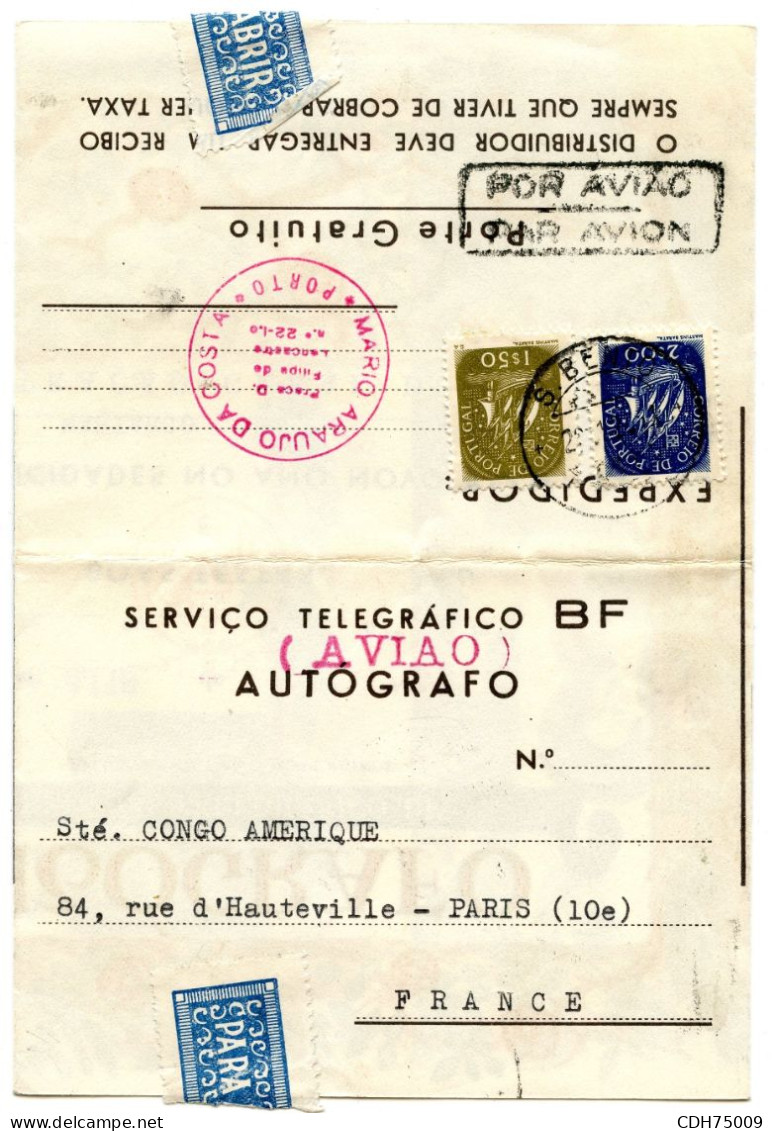 PORTUGAL - FORMULE DE TELEGRAMME DE PORTO POUR PARIS - Covers & Documents