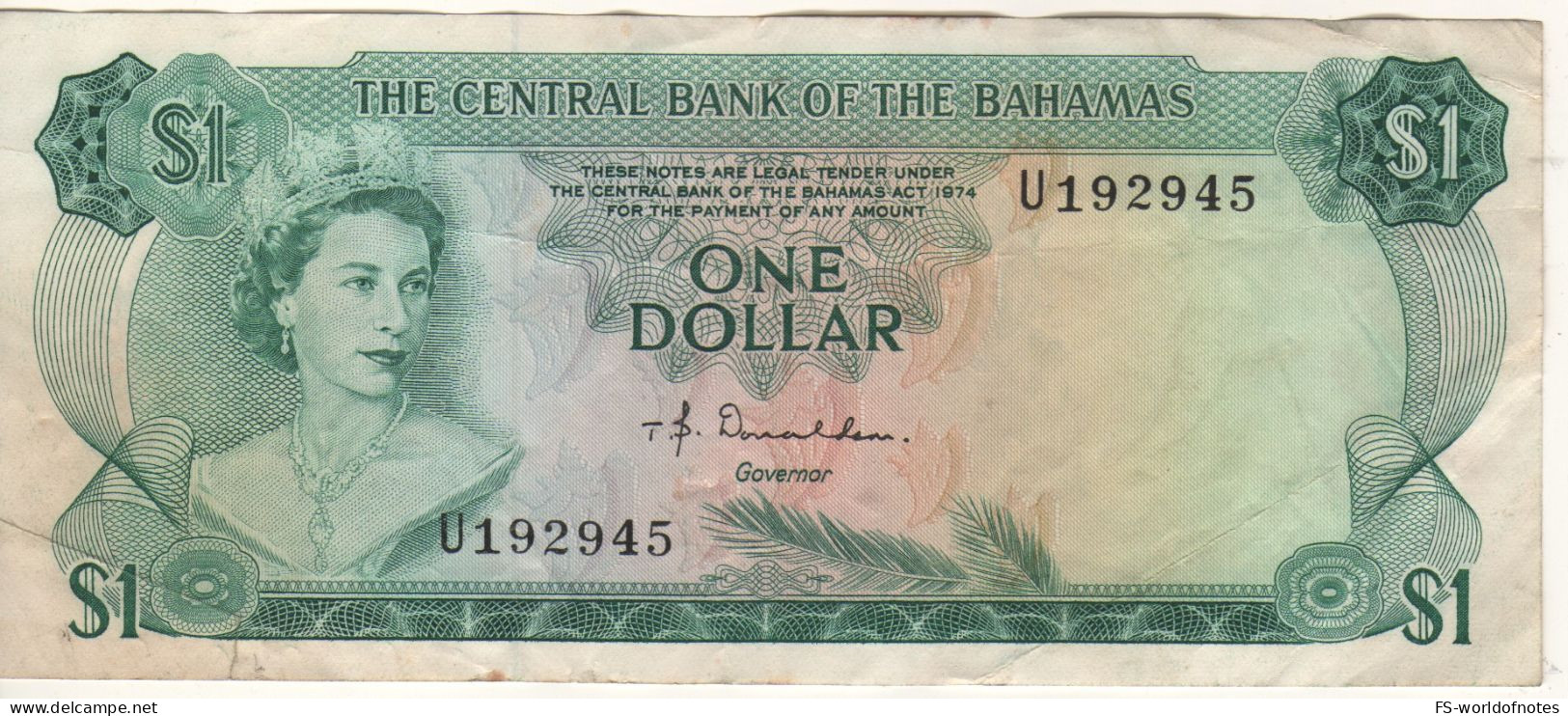 BAHAMAS 1  Dollar   P35a(1)  Single Letter Serial Nr.   ( L. 1974     Queen Elizabeth  II + Sea Garden At Back ! ) - Bahama's