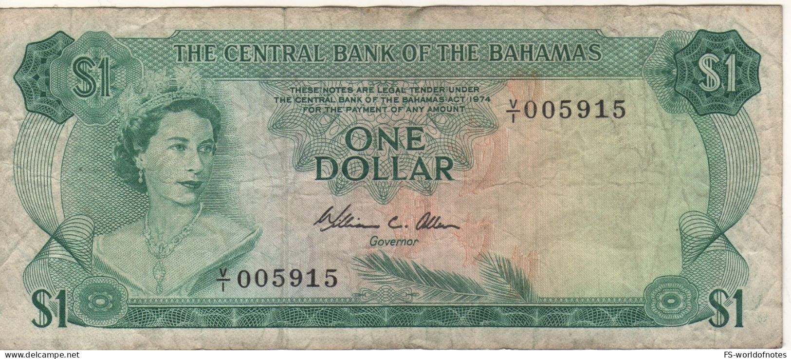 BAHAMAS 1  Dollar   P35b   ( L. 1974  Signature: W. C. Allen   Queen Elizabeth  II + Sea Garden At Back ! ) - Bahama's