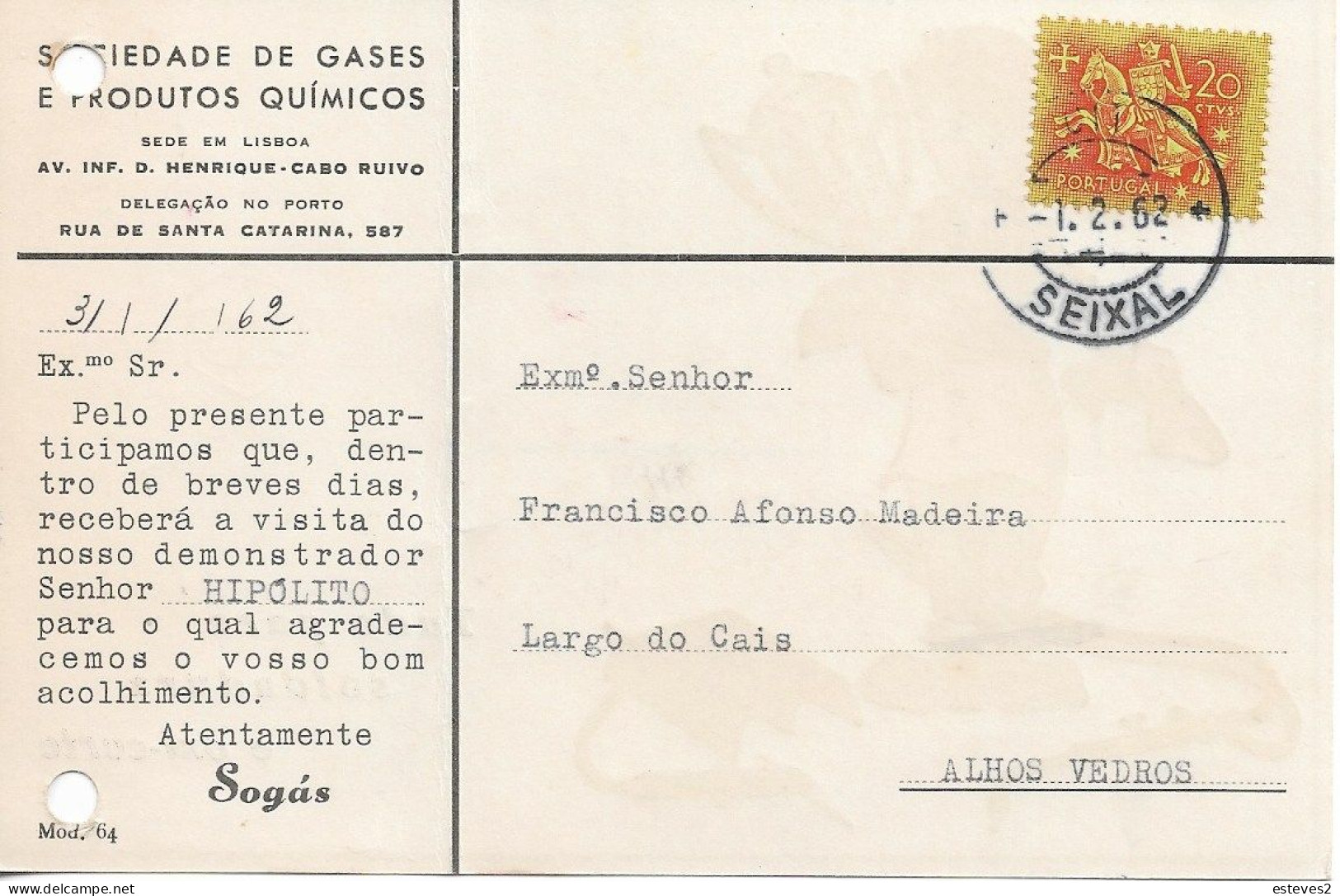 Portugal , 1962 , SOGÁS  GASES E PRODUTOS QUÍMICOS , Gases And Quemicals ,   Commercial Postcard , Advertising Postmark - Portogallo