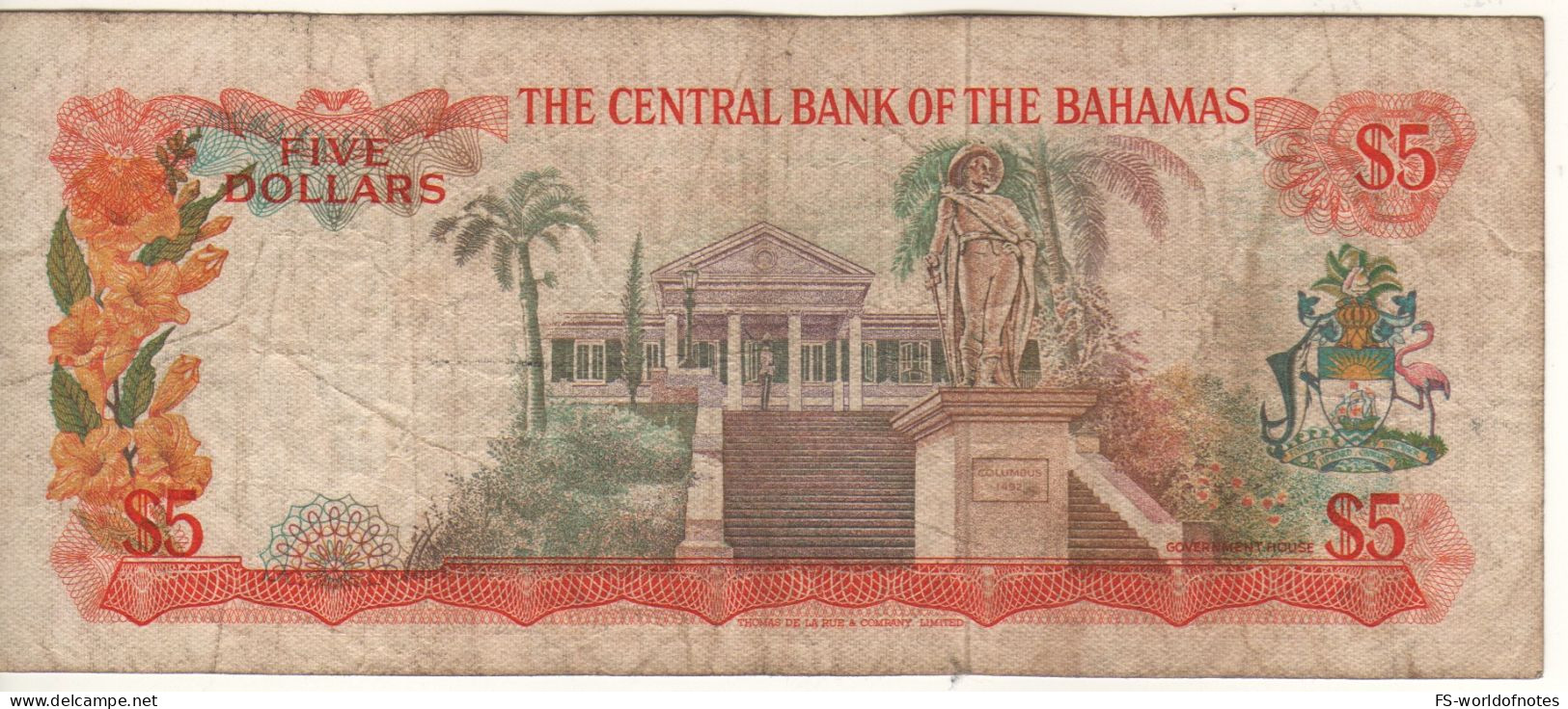 BAHAMAS 5  Dollars  P37b  L.1974  Sign. W. C. Allen (Queen Elizabeth  II + Government House, Columbus Monument Back ! ) - Bahama's