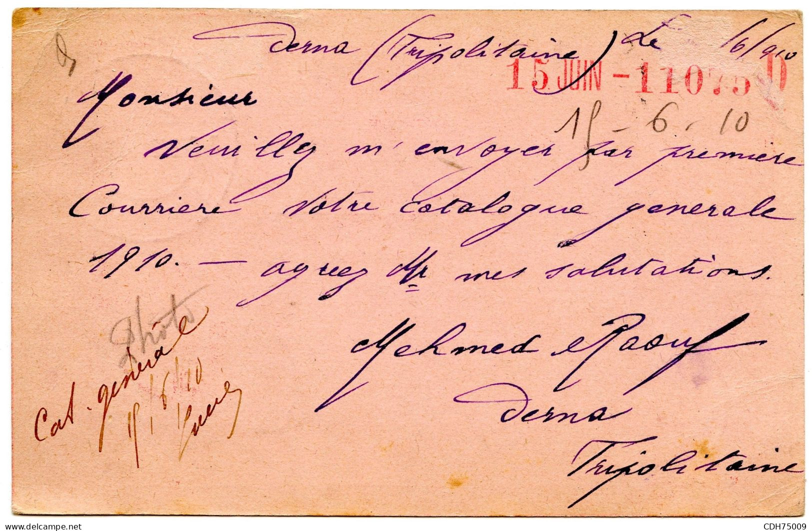 TURQUIE - ENTIER 20 P. DE DERNAH POUR LA FRANCE, 1910 - Lettres & Documents