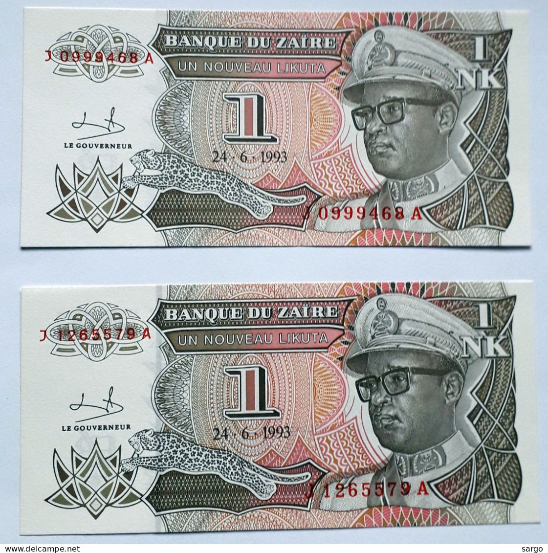 ZAIRE - 1 ZAIRE - P 47 (1993) - UNCIRC - 2 PCS - BANKNOTES - PAPER MONEY - CARTAMONETA - - Zaïre