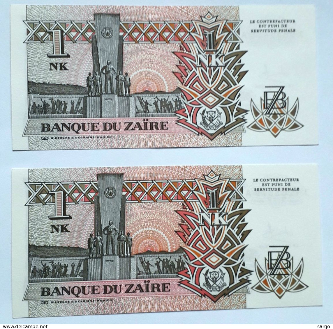 ZAIRE - 1 ZAIRE - P 47 (1993) - UNCIRC - 2 PCS - BANKNOTES - PAPER MONEY - CARTAMONETA - - Zaïre