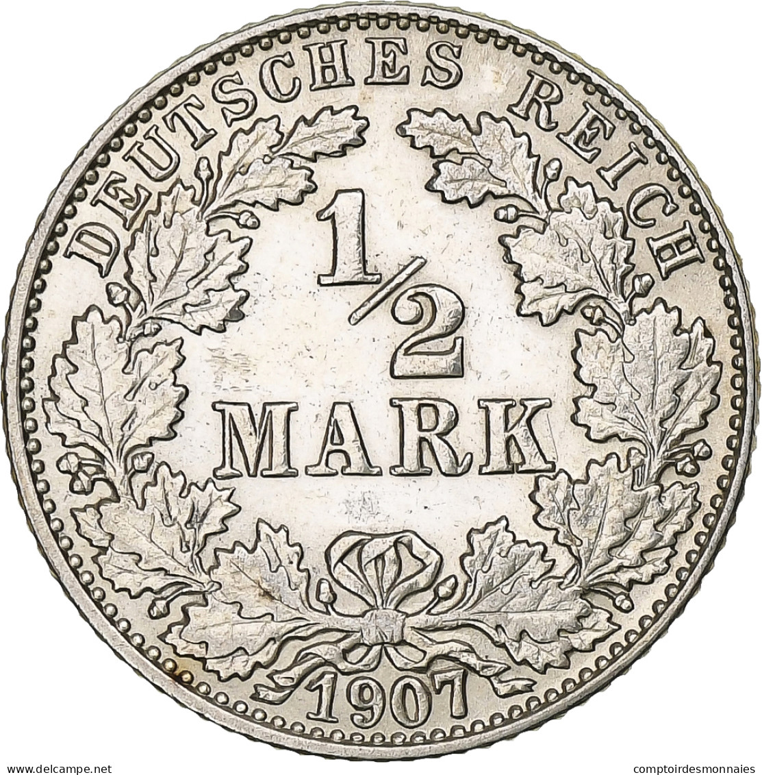 Monnaie, GERMANY - EMPIRE, 1/2 Mark, 1907, Hambourg, TTB+, Argent, KM:17 - 1/2 Mark