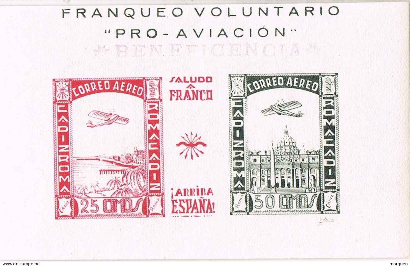 Hojita Viñetas Sin Dentar Beneficenbcia Aviacion CADIZ ROMA, Correo Aereo, Guerra Civil, Resellado BENEFICENCIA * - Spanish Civil War Labels