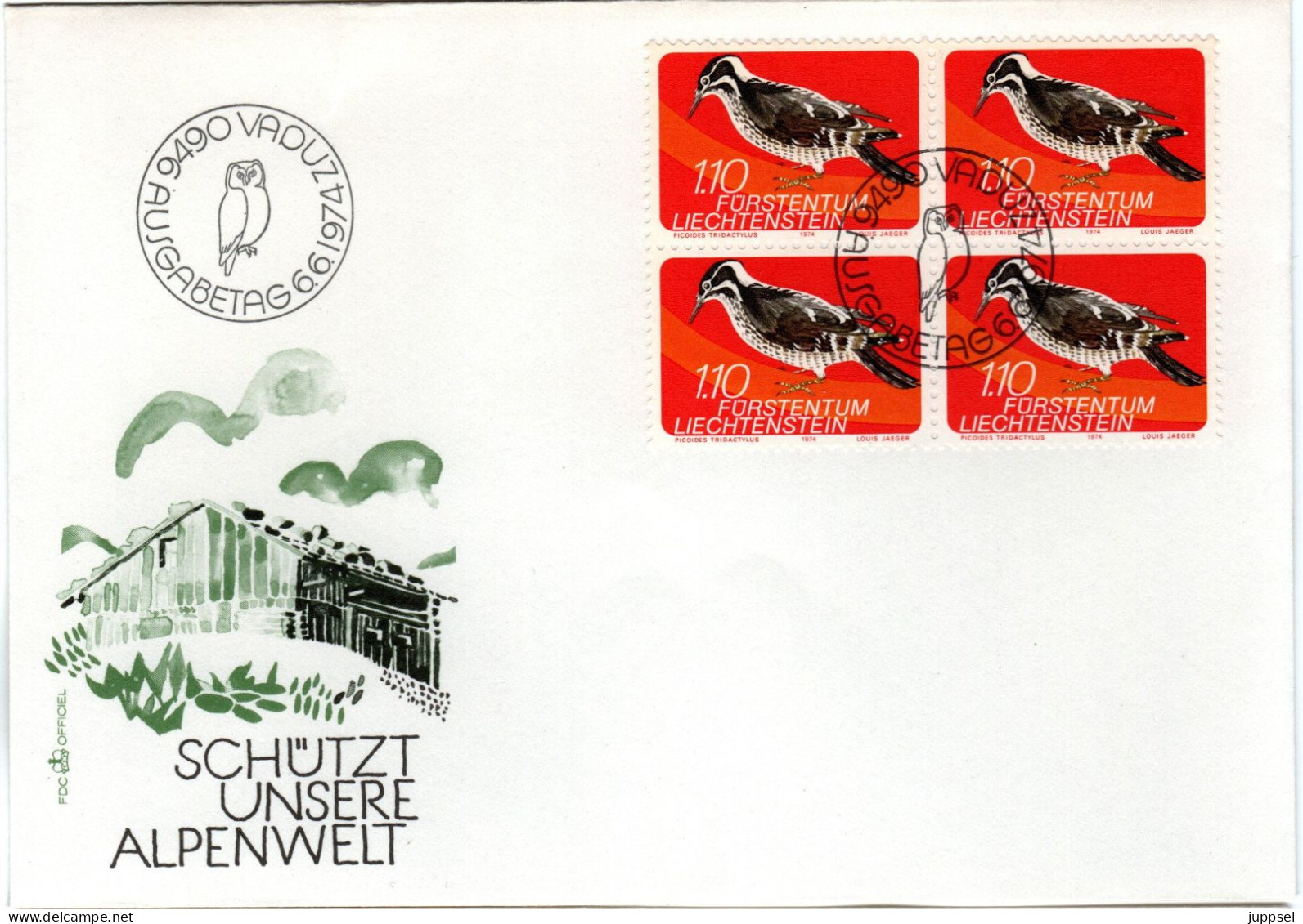 LIECHTENSTEIN   Woodpecker, Bloc Of 4   /  Pics, Bloc De Quattre,  FDC  1974 - Specht- & Bartvögel