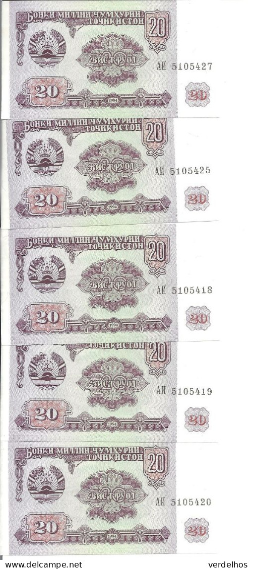 TADJIKISTAN 20 ROUBLES 1994 UNC P 4 ( 5 Billets ) - Tadjikistan
