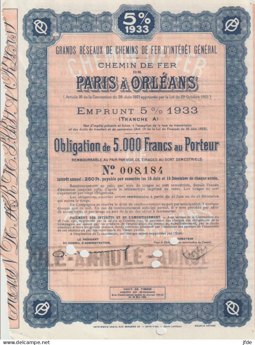 CHEMINS De FER PARIS ORLEANS 5000F1933 - Chemin De Fer & Tramway